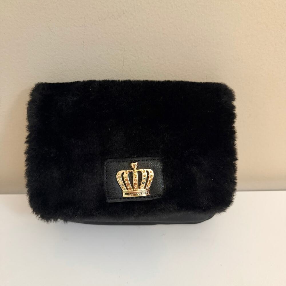 Juicy Couture Crossbody Bag Faux Fur Black Y2K Glam Aesthetic Pompom Chain Strap - Picture 11 of 11